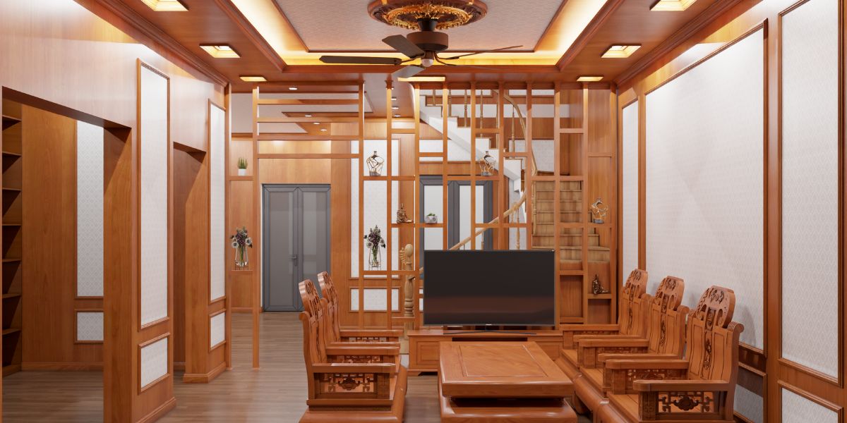 Thi công nội thất phòng khách gỗ tự nhiên tại Vĩnh Phúc